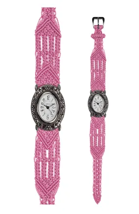 106 Pink - Wide with Vintage Style Oval Marcasite Watch