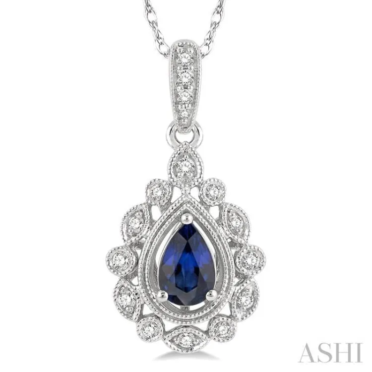 1/8 Ctw Lattice Round Cut Diamond & 6x4 MM Pear Cut Sapphire Precious Pendant With Chain in 10K White Gold