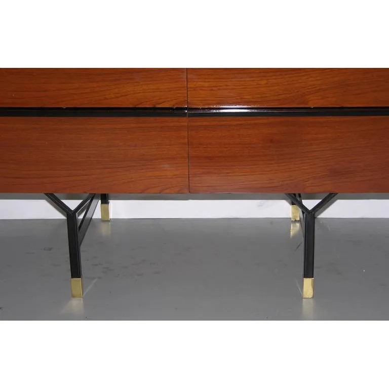 1960s Modern Italian Wood Chest with Shelf on Brass & Black Lacquered Metal Legs