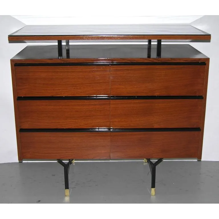 1960s Modern Italian Wood Chest with Shelf on Brass & Black Lacquered Metal Legs