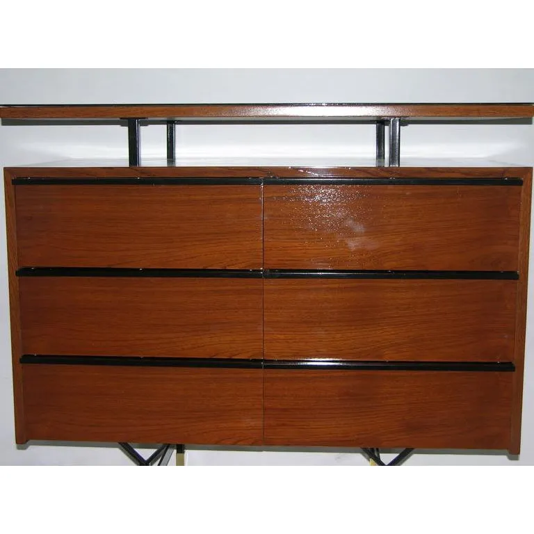 1960s Modern Italian Wood Chest with Shelf on Brass & Black Lacquered Metal Legs