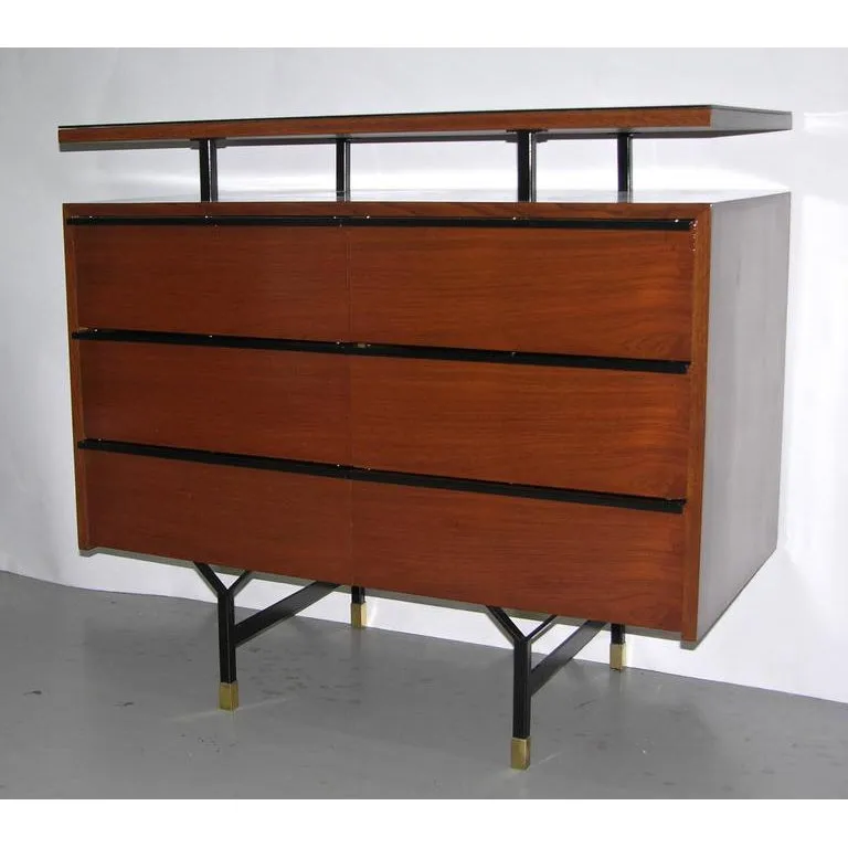 1960s Modern Italian Wood Chest with Shelf on Brass & Black Lacquered Metal Legs