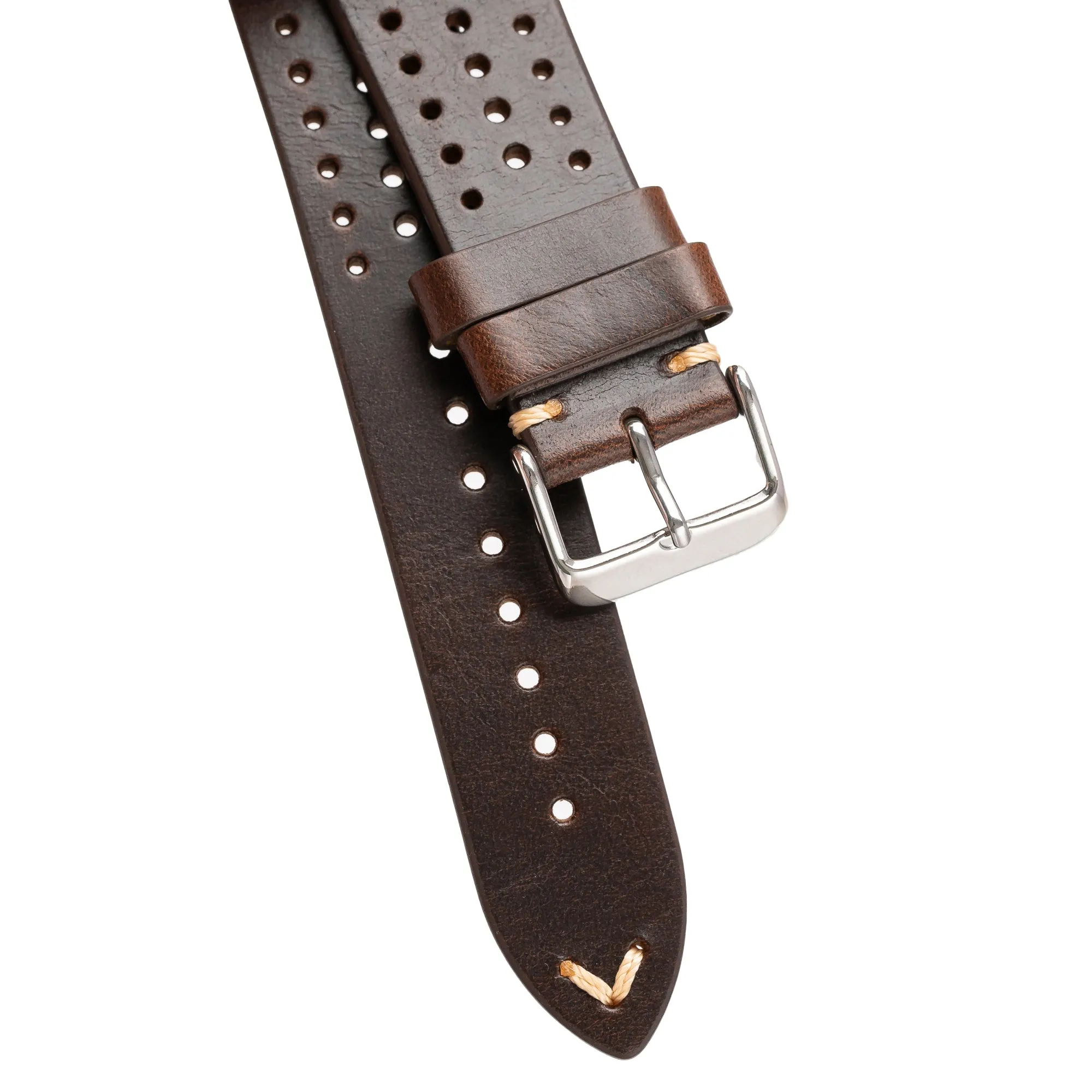 22mm Quick Release Rally Racing Leather Watch Strap - Dark Brown