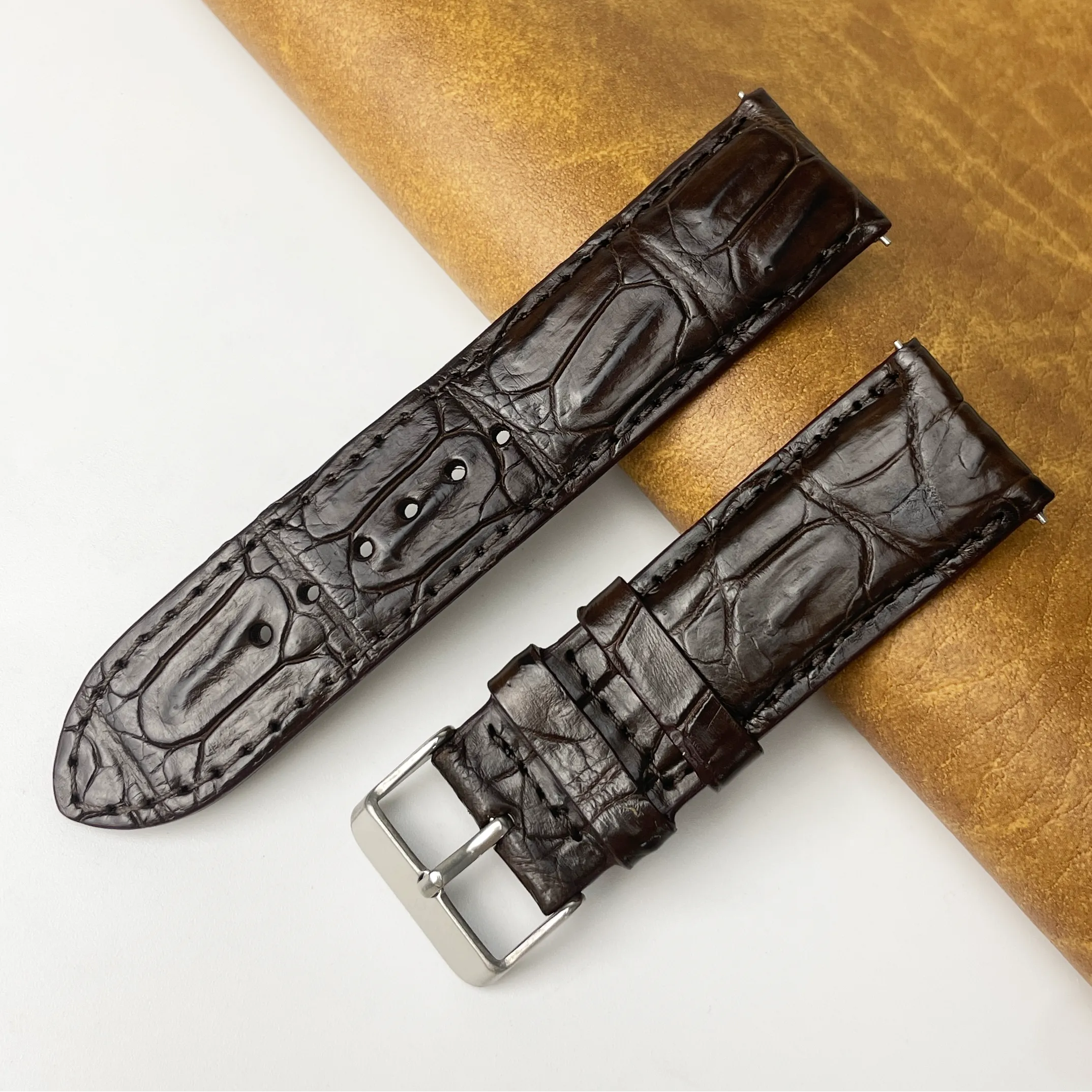 24mm Dark Brown Unique Alligator Leather Watch Band For Men | DH-44E