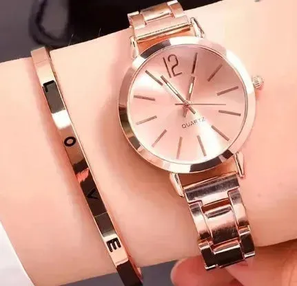 2pcs Narrow Strap Steel Strap Bracelet and  Quartz Watch women