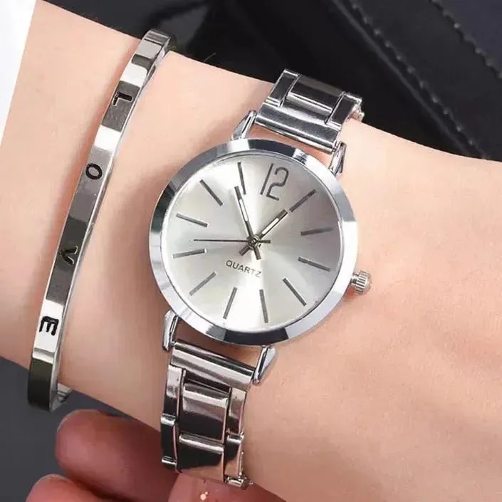 2pcs Narrow Strap Steel Strap Bracelet and  Quartz Watch women