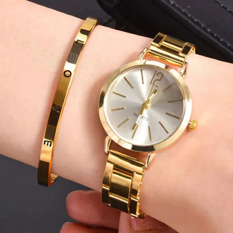 2pcs Narrow Strap Steel Strap Bracelet and  Quartz Watch women