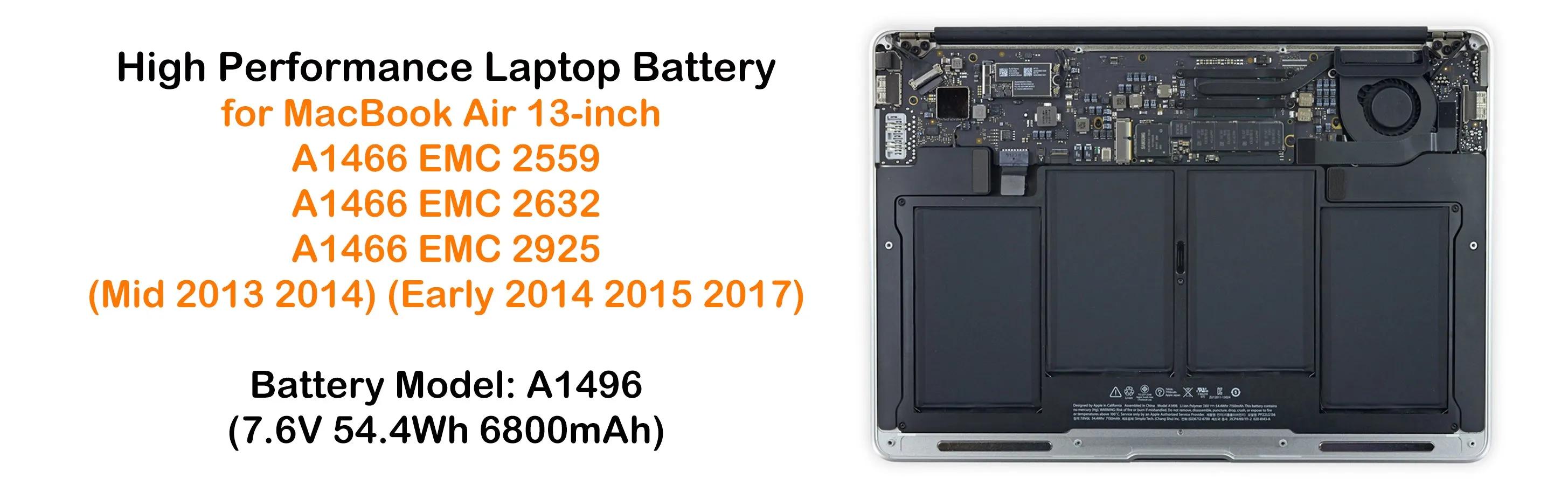 54.4Wh A1496 Battery for Mid 2013 2014 Early 2014 2015 Apple MacBook Air 13" A1466 EMC 2559 2632 2925 MD760 MD761 MD231 232 MJVE2 MJVG2 2017 MQD32