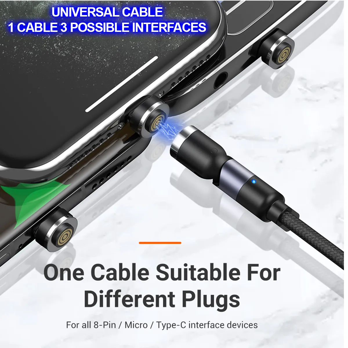 AGG 3 x 1ft (30cm) Magnetic USB Cables Pack - 5-Pin 3A - Compatible with AGG-5P3A Cables / 3 x 3 Tip Holder/and 3 x Tip-Sets (1 x Universal, 1 x Type-C, and 1 x Micro). Full high Speed Charge and Data.