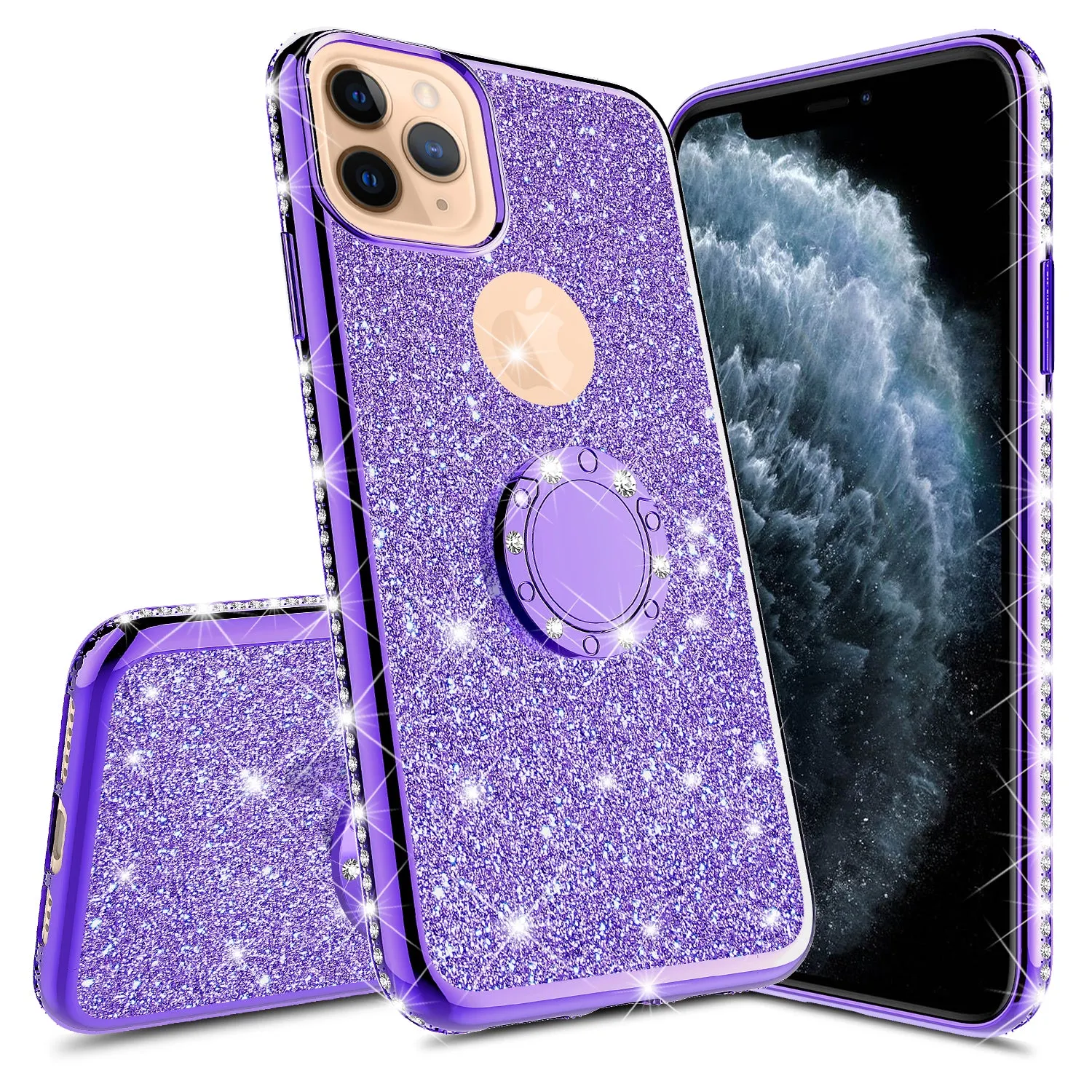 Apple iPhone 11 Pro Case, Glitter Cute Phone Case Girls with Kickstand,Bling Diamond Rhinestone Bumper Ring Stand Sparkly Luxury Clear Thin Soft Protective Apple iPhone 11 Pro Case for Girl Women - Purple