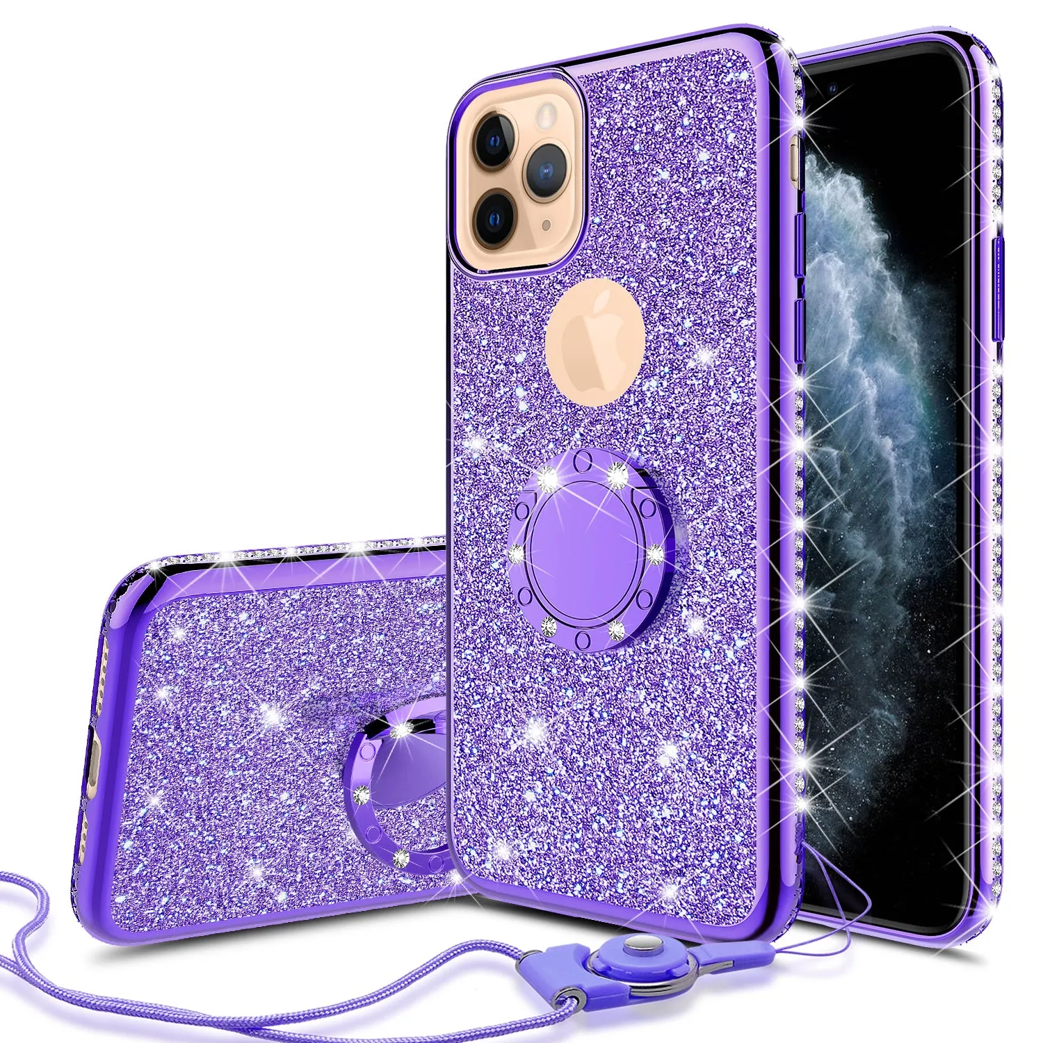 Apple iPhone 11 Pro Case, Glitter Cute Phone Case Girls with Kickstand,Bling Diamond Rhinestone Bumper Ring Stand Sparkly Luxury Clear Thin Soft Protective Apple iPhone 11 Pro Case for Girl Women - Purple