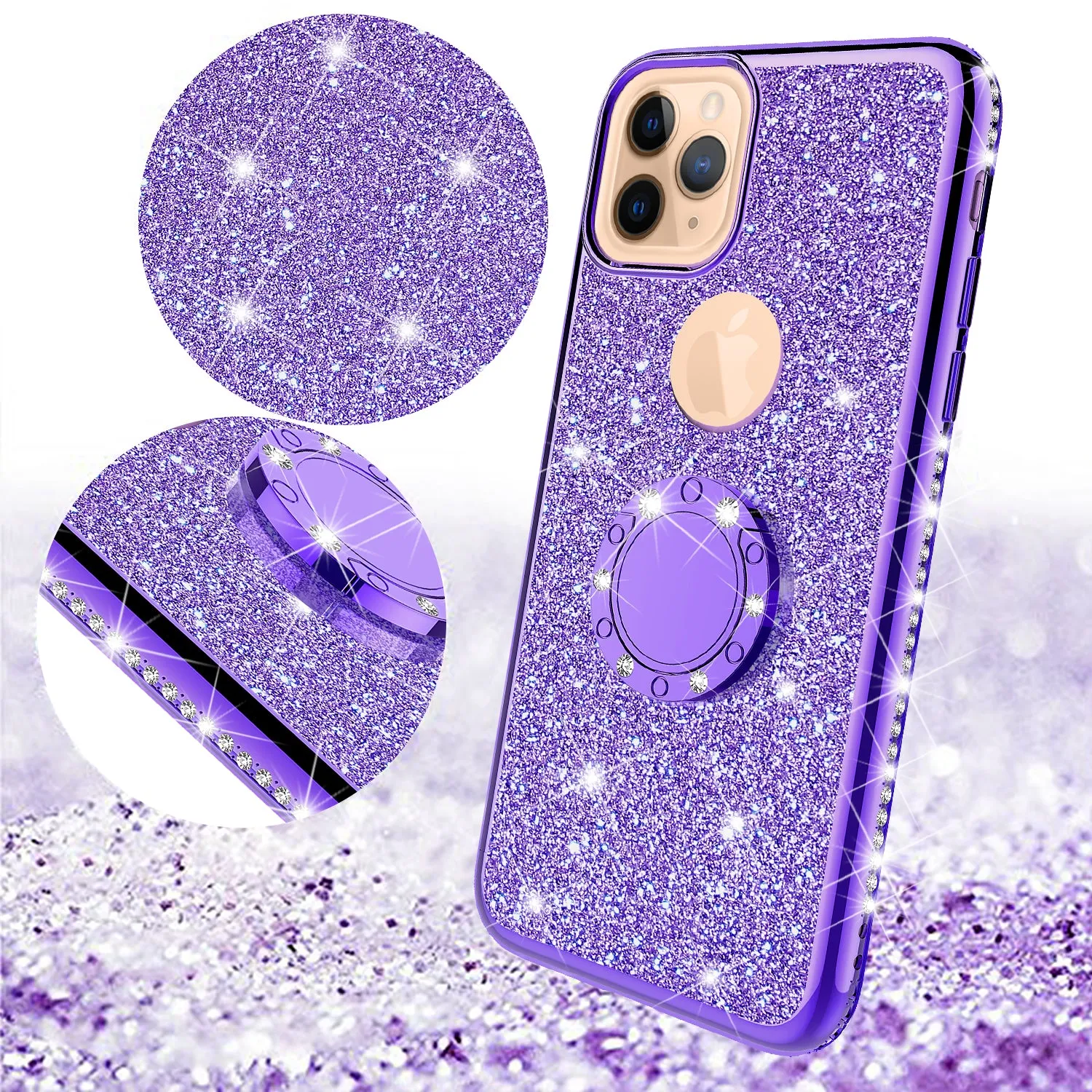 Apple iPhone 11 Pro Case, Glitter Cute Phone Case Girls with Kickstand,Bling Diamond Rhinestone Bumper Ring Stand Sparkly Luxury Clear Thin Soft Protective Apple iPhone 11 Pro Case for Girl Women - Purple