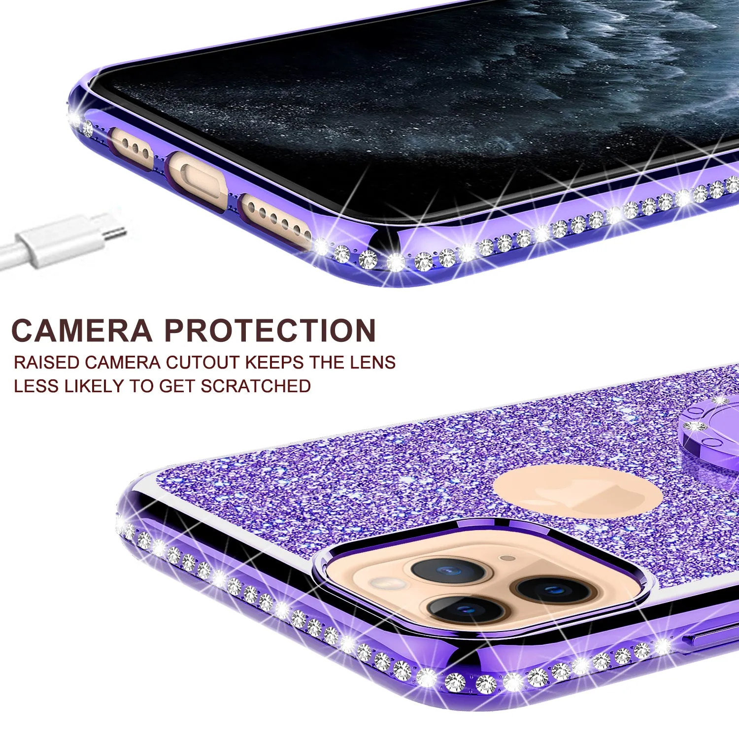 Apple iPhone 11 Pro Case, Glitter Cute Phone Case Girls with Kickstand,Bling Diamond Rhinestone Bumper Ring Stand Sparkly Luxury Clear Thin Soft Protective Apple iPhone 11 Pro Case for Girl Women - Purple