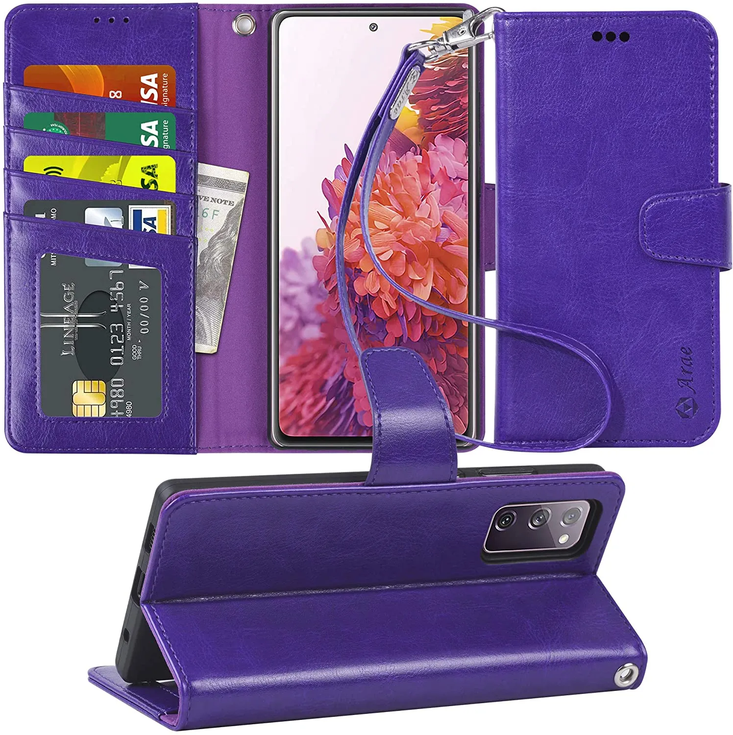 Arae Case for Samsung Galaxy S20 FE 5G PU Leather Wallet Case Cover [Stand Feature] with Wrist Strap and [4-Slots] ID&Credit Cards Pocket for Galaxy S20 FE 5G 6.5 inch