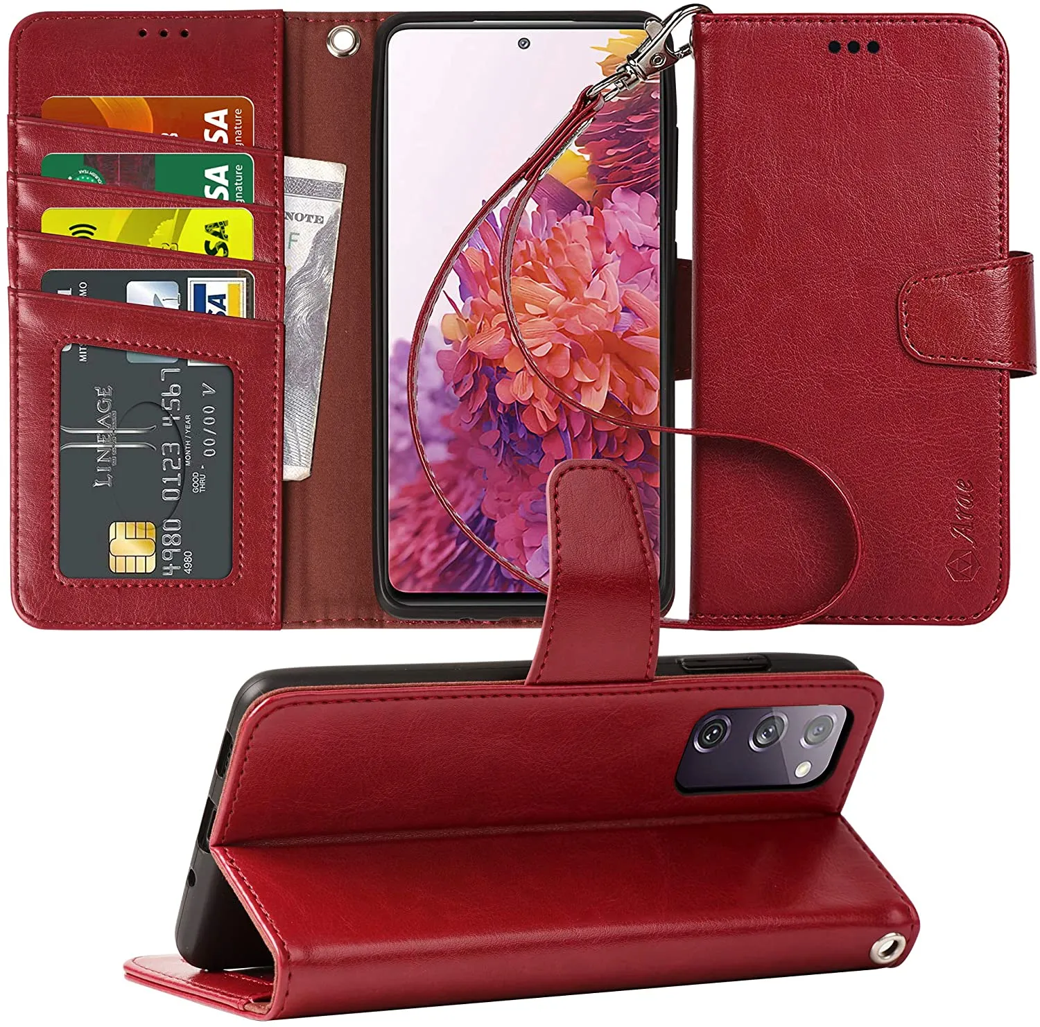 Arae Case for Samsung Galaxy S20 FE 5G PU Leather Wallet Case Cover [Stand Feature] with Wrist Strap and [4-Slots] ID&Credit Cards Pocket for Galaxy S20 FE 5G 6.5 inch