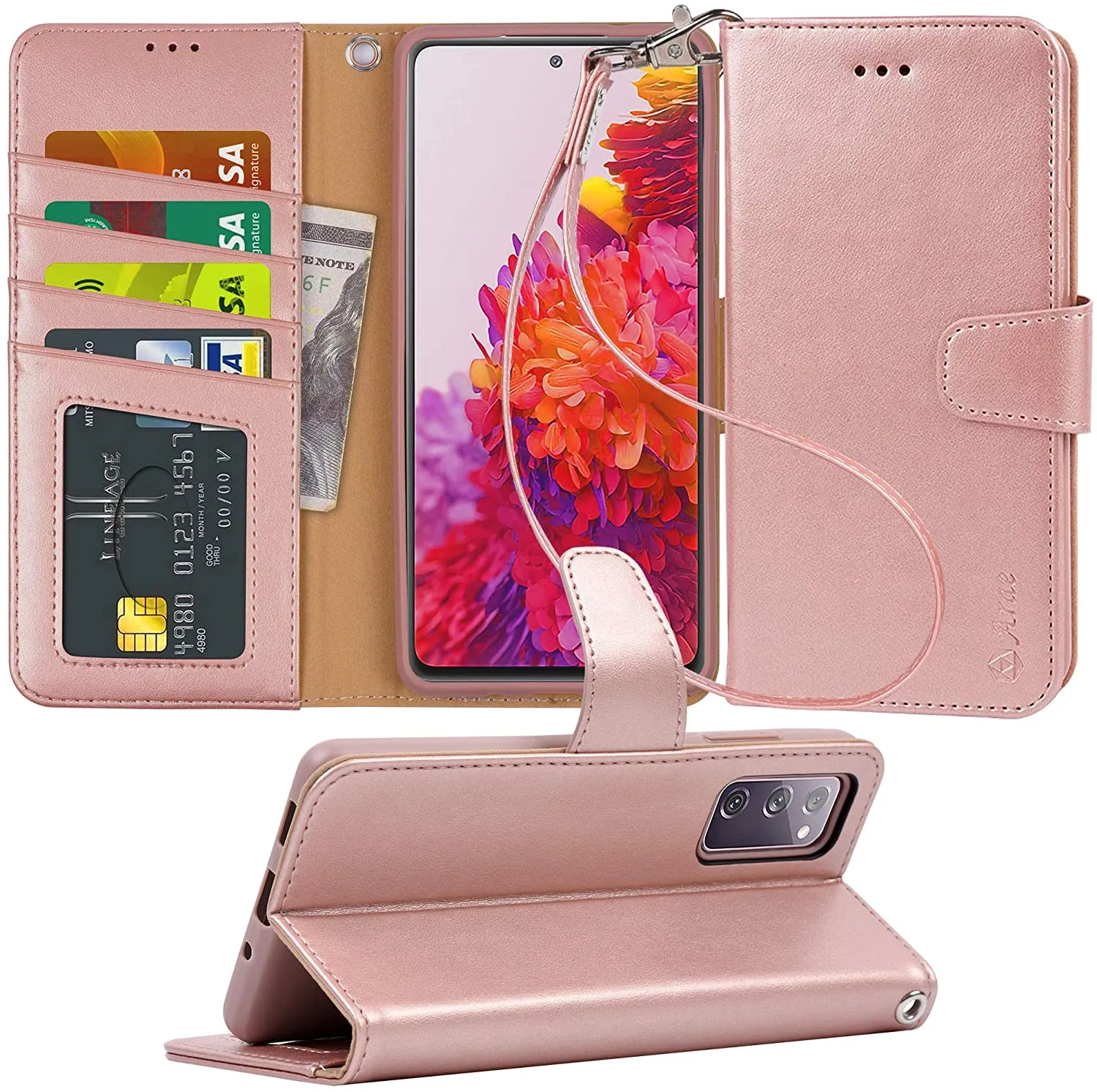 Arae Case for Samsung Galaxy S20 FE 5G PU Leather Wallet Case Cover [Stand Feature] with Wrist Strap and [4-Slots] ID&Credit Cards Pocket for Galaxy S20 FE 5G 6.5 inch