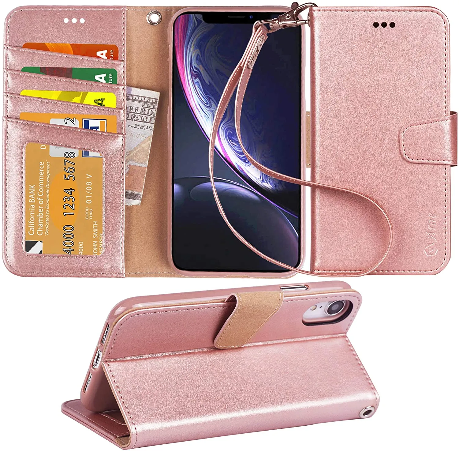 Arae Wallet Case for iPhone xr 2018 PU Leather flip case Cover [Stand Feature] with Wrist Strap and [4-Slots] ID&Credit Cards Pocket for iPhone Xr 6.1 inch