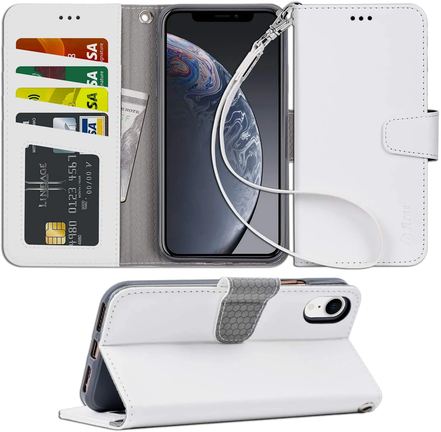 Arae Wallet Case for iPhone xr 2018 PU Leather flip case Cover [Stand Feature] with Wrist Strap and [4-Slots] ID&Credit Cards Pocket for iPhone Xr 6.1 inch