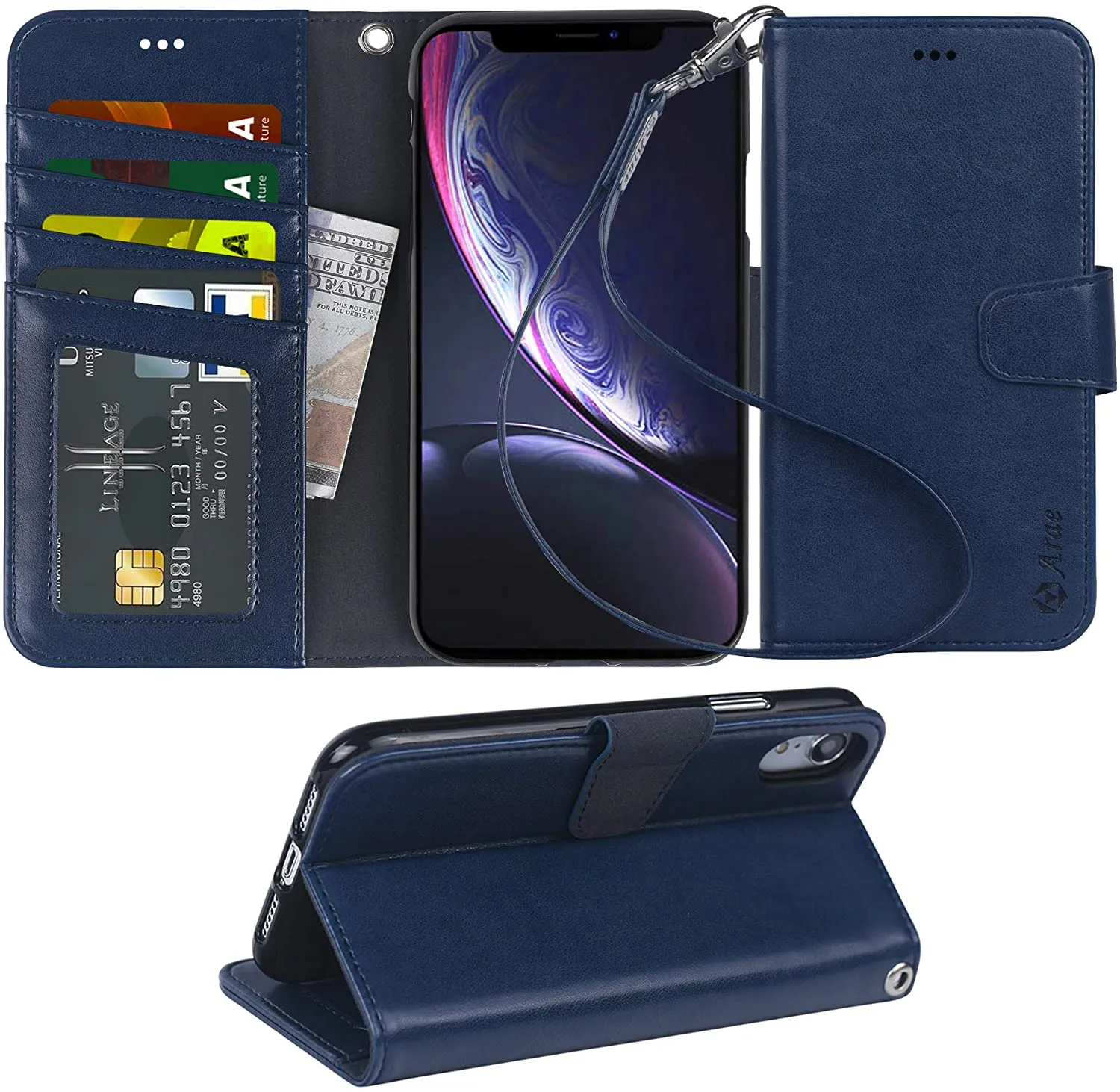 Arae Wallet Case for iPhone xr 2018 PU Leather flip case Cover [Stand Feature] with Wrist Strap and [4-Slots] ID&Credit Cards Pocket for iPhone Xr 6.1 inch