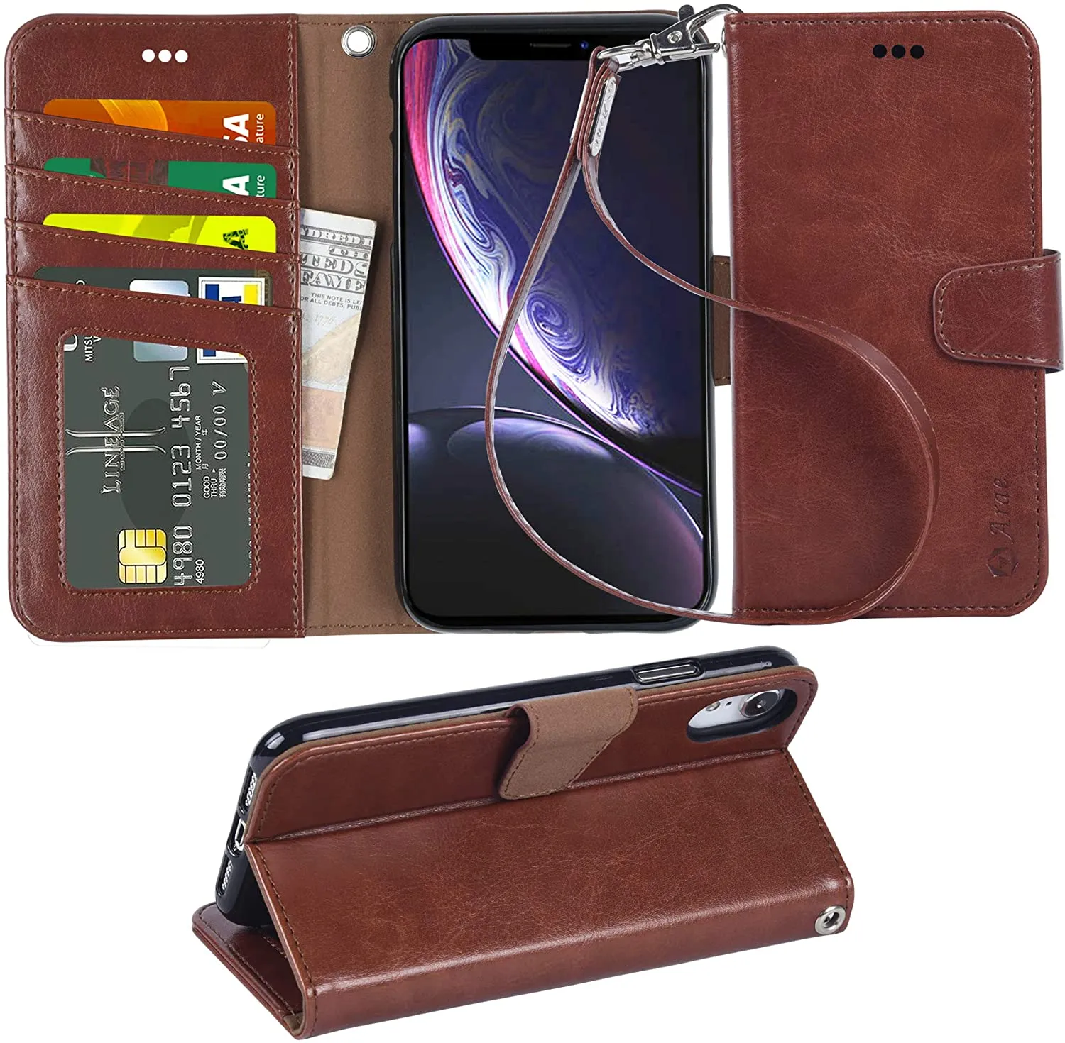 Arae Wallet Case for iPhone xr 2018 PU Leather flip case Cover [Stand Feature] with Wrist Strap and [4-Slots] ID&Credit Cards Pocket for iPhone Xr 6.1 inch