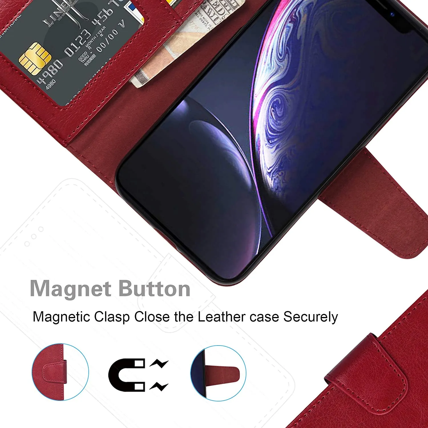 Arae Wallet Case for iPhone xr 2018 PU Leather flip case Cover [Stand Feature] with Wrist Strap and [4-Slots] ID&Credit Cards Pocket for iPhone Xr 6.1 inch