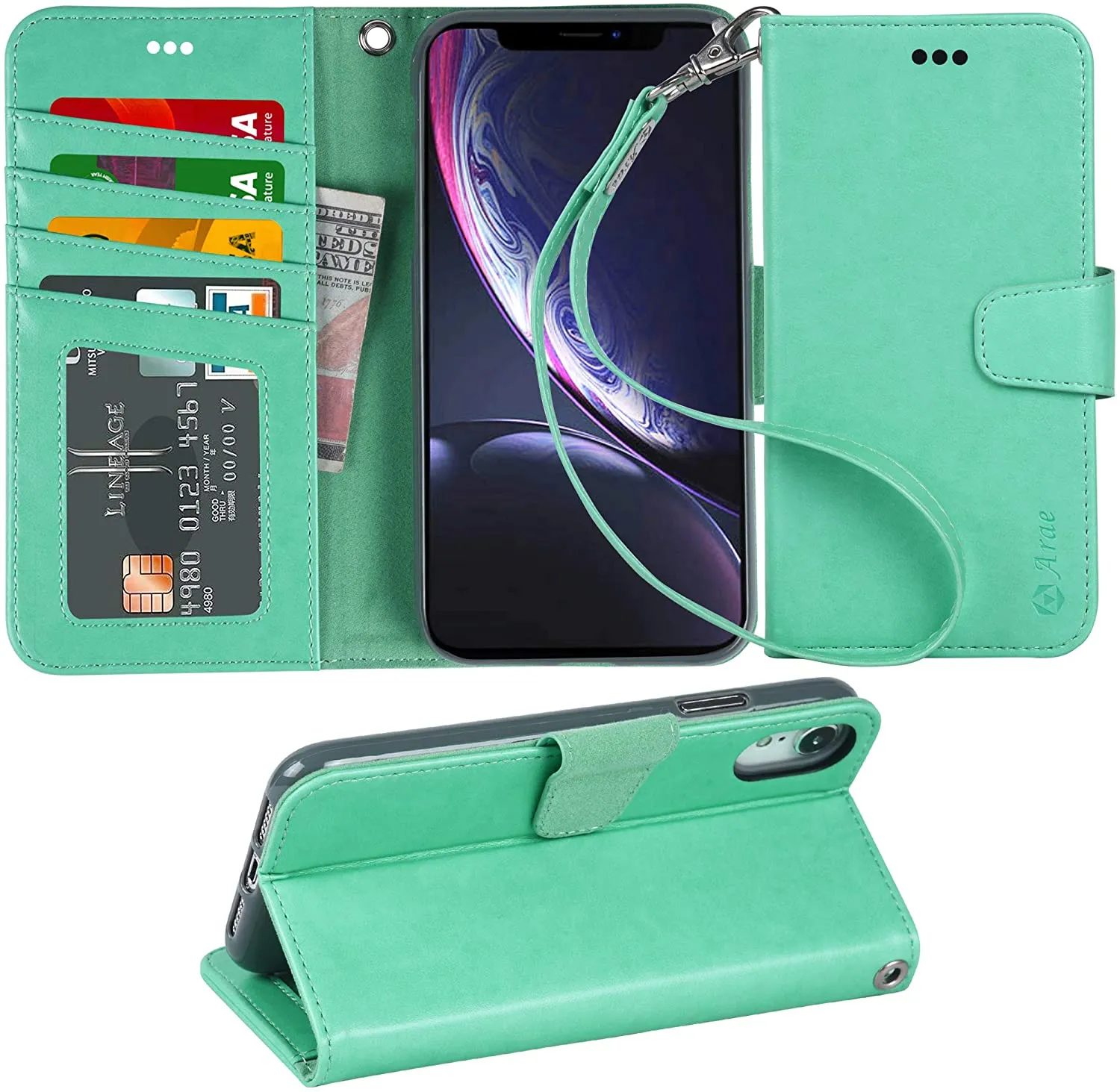 Arae Wallet Case for iPhone xr 2018 PU Leather flip case Cover [Stand Feature] with Wrist Strap and [4-Slots] ID&Credit Cards Pocket for iPhone Xr 6.1 inch