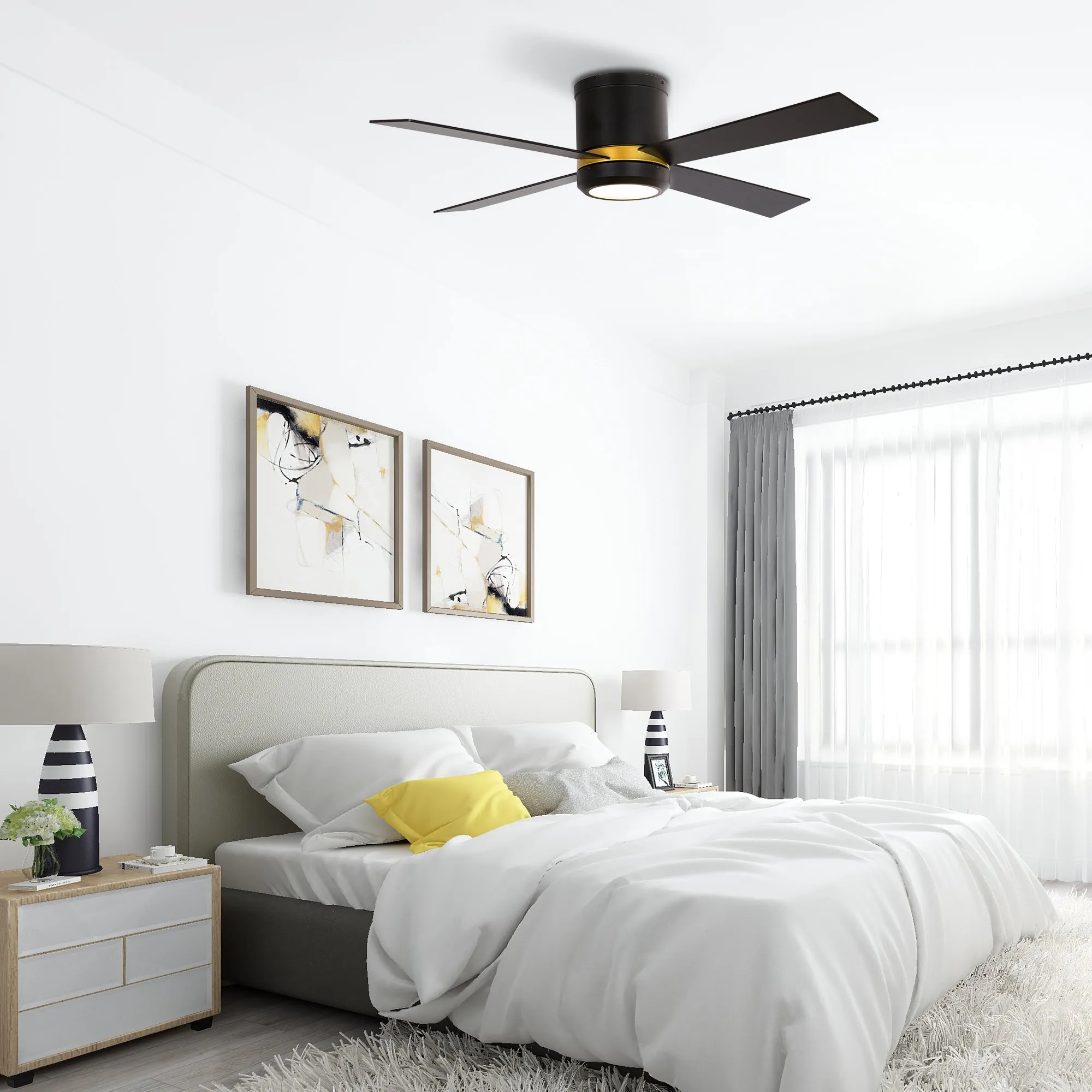 ARLINGTON 52 inch 4-Blade Flush Mount Smart Ceiling Fan with LED Light Kit & Wall Switch - Gold/Black