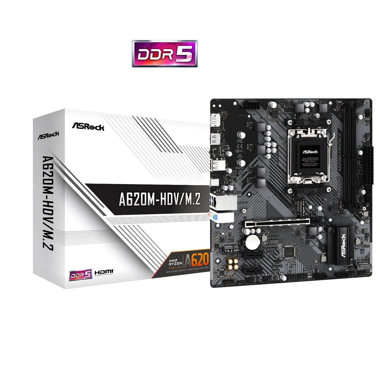 Asrock A620M-HDV/M.2, AMD A620, AM5, Micro ATX, 2 DDR5, HDMI, DP, GB LAN, PCIe4, 2x M.2