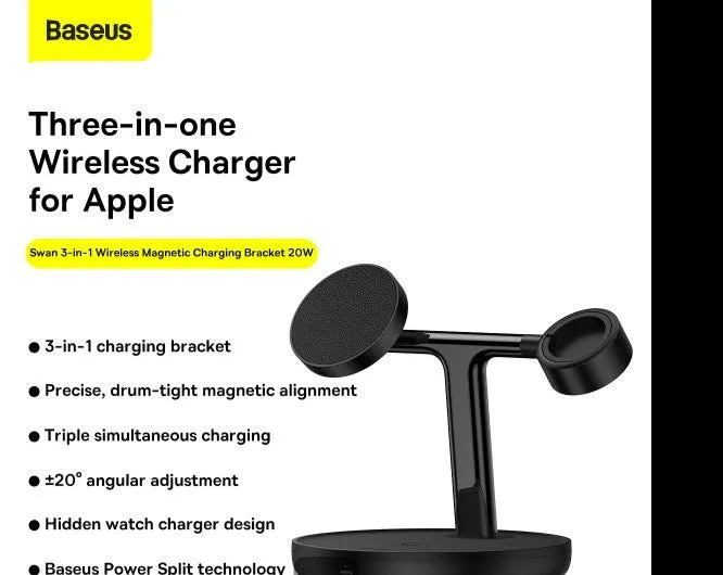 Baseus swan 3-in-1 Wireless Msagnetic Charging Bravket 20W Blavk Universal Version (invlude for type-c 3A  1m)