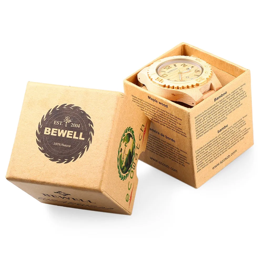 BEWELL Mens Wooden Watch with Unique Lug Design with Wooden Box