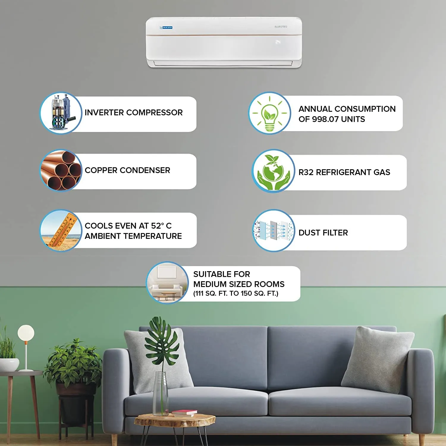 Blue Star IA318VNUS 1.5 Ton 3 Star Inverter Wi-Fi Split AC (Copper, Convertible 4-in-1 Cooling Mode,White)