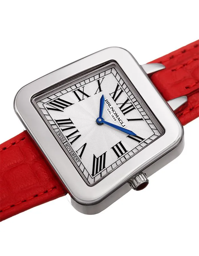 Bruno Magli Womens Emma Stainless Steel Signature - Embossed Leather Strap - Red