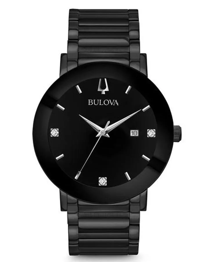 Bulova Mens Modern Diamond Watch - Black Metal - Diamond Markers - Bracelet