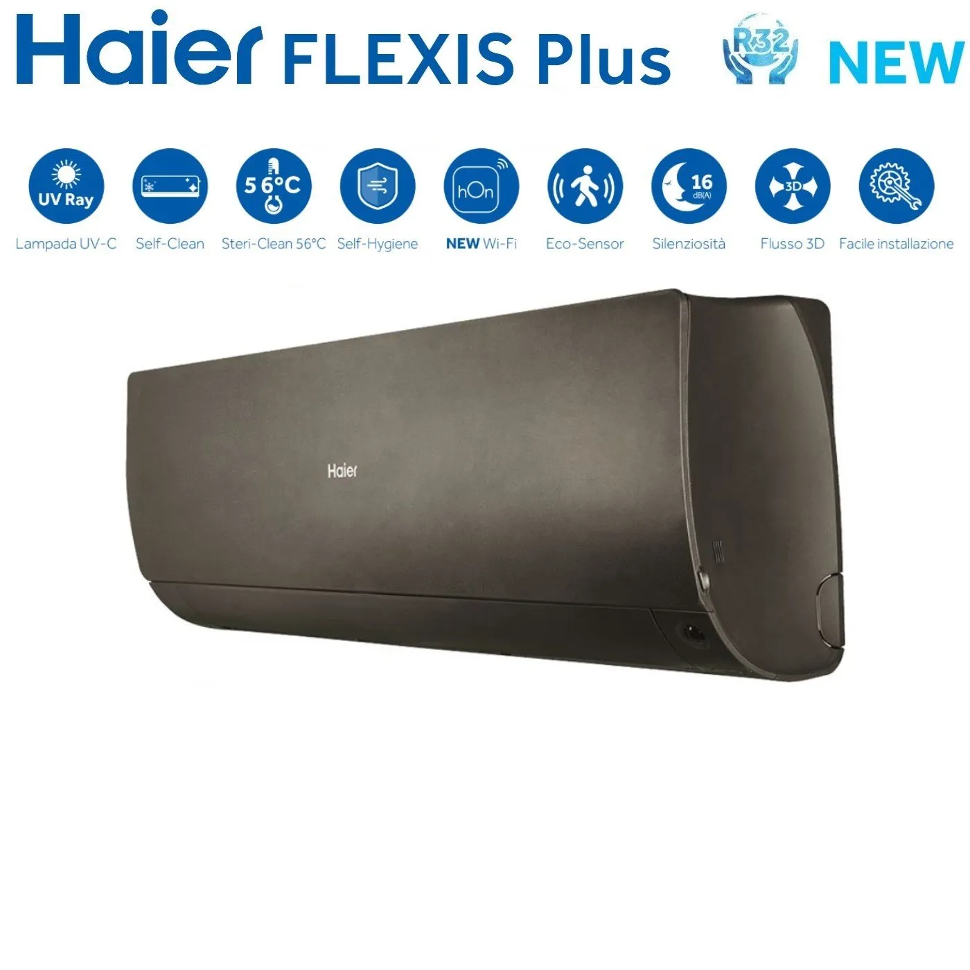 Climatizzatore Condizionatore Haier Quadri Split Inverter serie FLEXIS PLUS BLACK 7 9 9 15 con 4U75S2SR3FA R-32 Wi-Fi Integrato Colore Nero 7000 9000 9000 15000