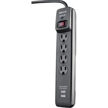 Coleman Cable 41304 Woods Brand 4 Outlet Surge Protector w/USB Charging Port   3' Cord