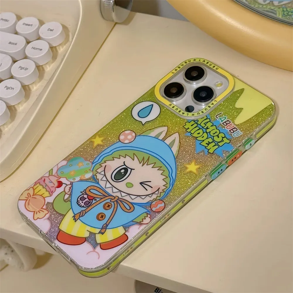 Cute Cartoon Labubu Outing with Fashion | Blue & Pink Glitter - iPhone Case 12 13 14 15 Pro Promax