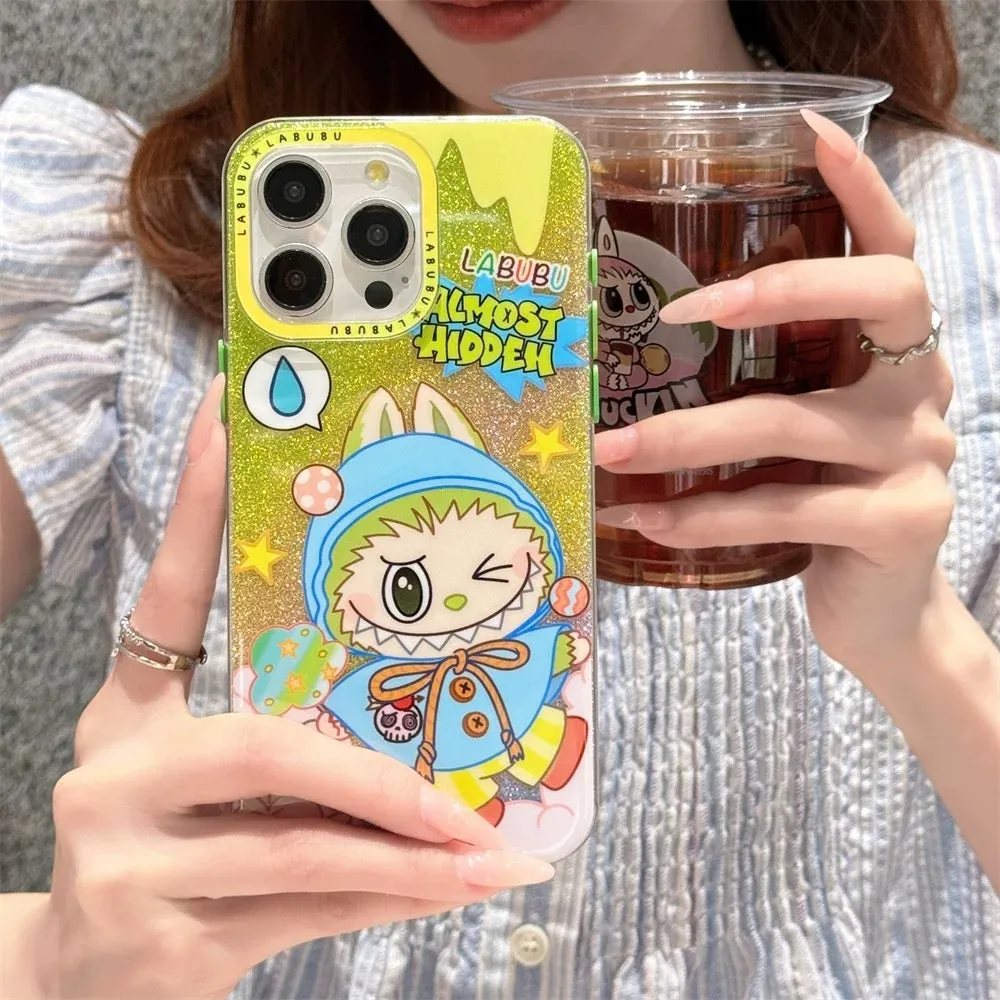 Cute Cartoon Labubu Outing with Fashion | Blue & Pink Glitter - iPhone Case 12 13 14 15 Pro Promax