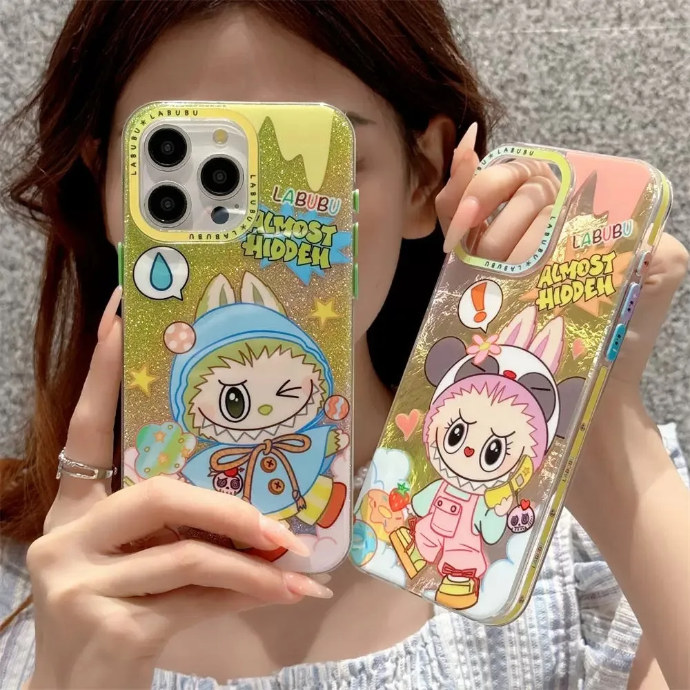 Cute Cartoon Labubu Outing with Fashion | Blue & Pink Glitter - iPhone Case 12 13 14 15 Pro Promax