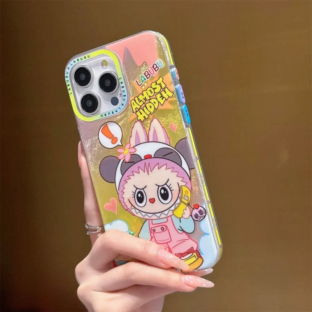 Cute Cartoon Labubu Outing with Fashion | Blue & Pink Glitter - iPhone Case 12 13 14 15 Pro Promax