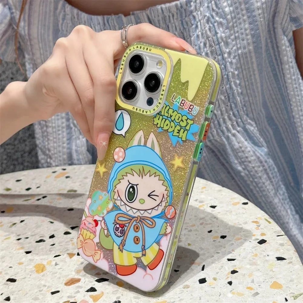 Cute Cartoon Labubu Outing with Fashion | Blue & Pink Glitter - iPhone Case 12 13 14 15 Pro Promax