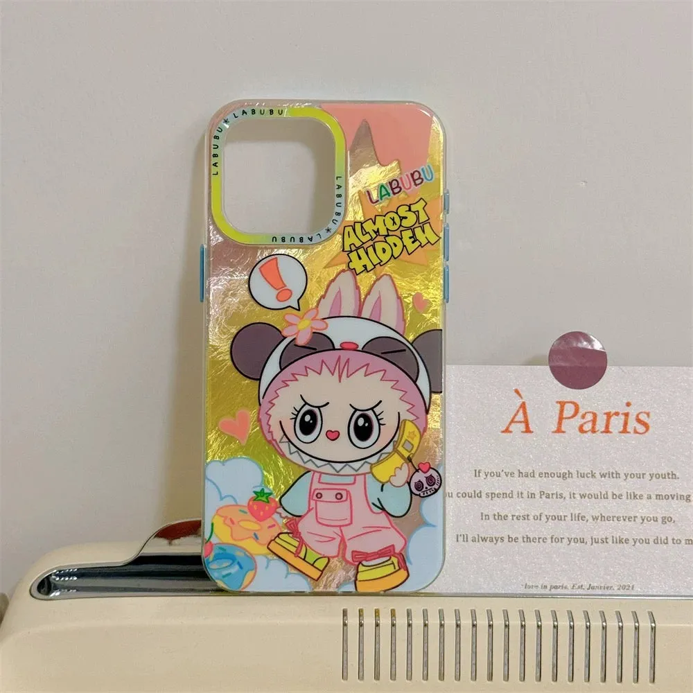 Cute Cartoon Labubu Outing with Fashion | Blue & Pink Glitter - iPhone Case 12 13 14 15 Pro Promax