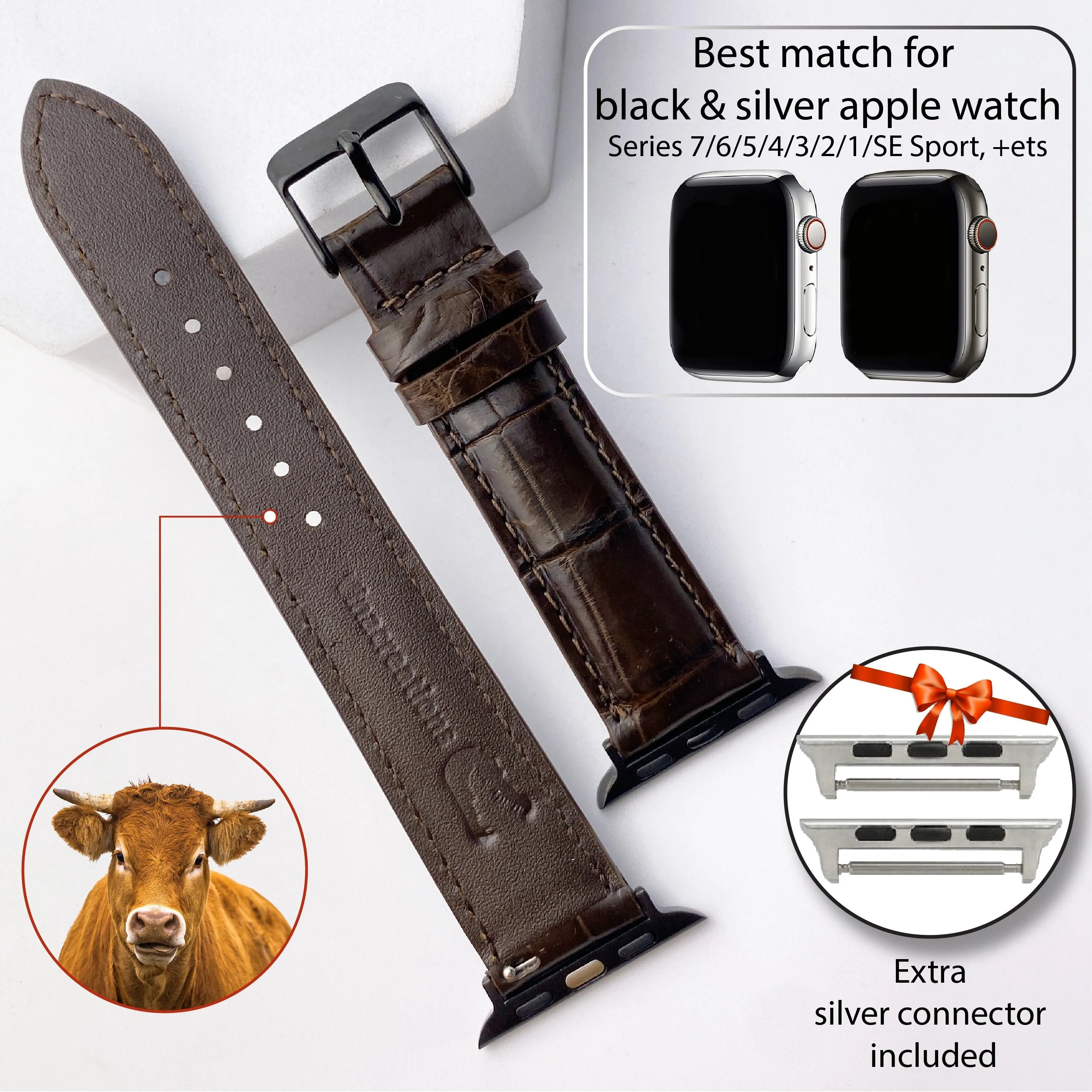 Dark Brown Alligator Leather Strap for Apple Watch Ultra Series 8 7 6 5 4 3 SE | AW-03