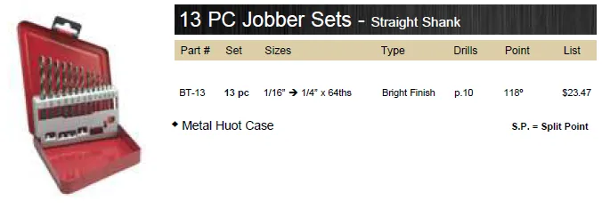 DRILL BIT 13 PIECE SET JOBBER BRIGHT 118° WITH METAL CASE