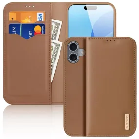 DUX DUCIS Genuine Real Leather Flip RFID Wallet Case for Apple iPhone 16 Plus - Brown