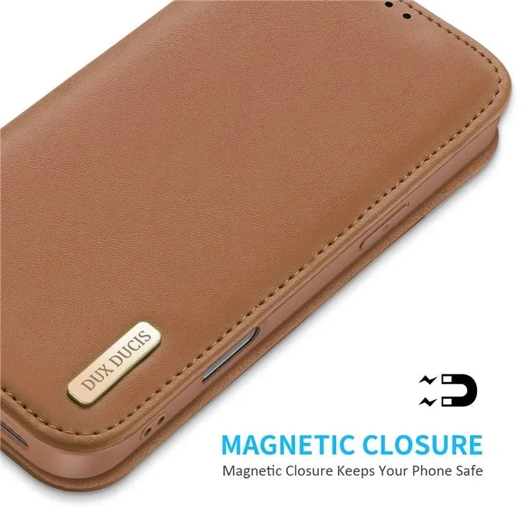 DUX DUCIS Genuine Real Leather Flip RFID Wallet Case for Apple iPhone 16 Plus - Brown