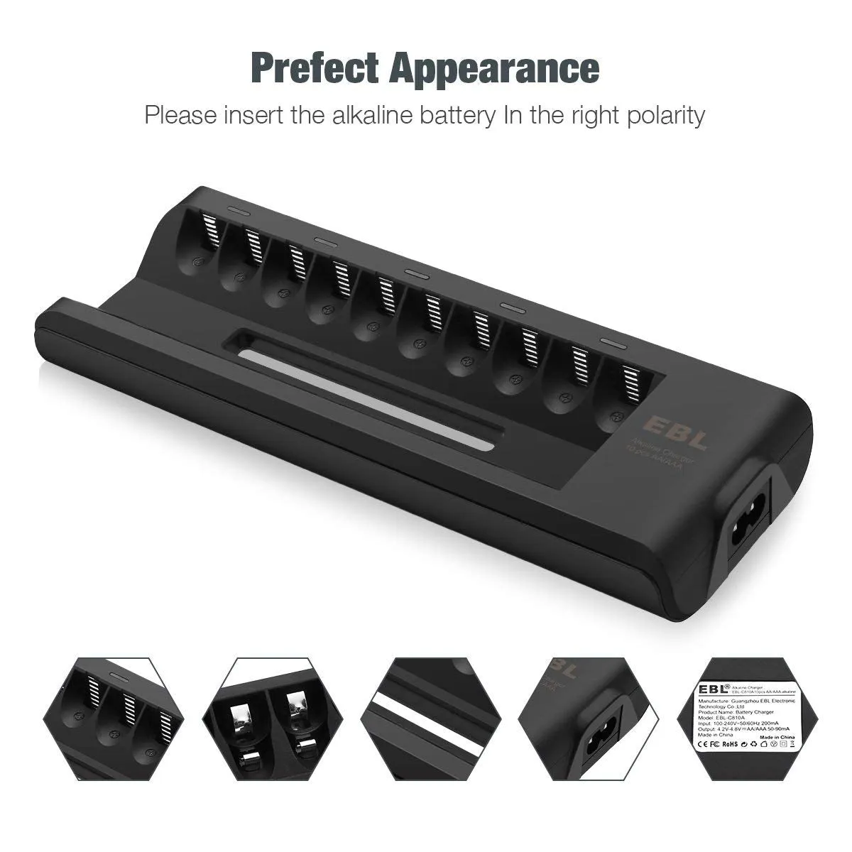 EBL 10-Bay Alkaline Battery Charger with LED Status Indicators for Rechargeable AA and AAA Alkaline Batteries