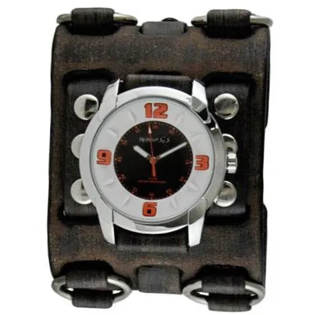 Embossed 3D White/Black Watch with Bullet Ring Distressed Dark Brown Leather Triple Strap Cuff