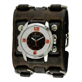 Embossed 3D White/Black Watch with Bullet Ring Distressed Dark Brown Leather Triple Strap Cuff