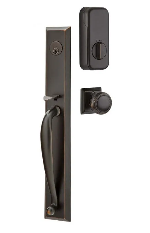 Emtek Single Cylinder Jefferson Handleset EMPowered Motorized Smart Lock Upgrade With Select L-Square White Marble Lever