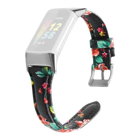 Fitbit Charge 5 cowhide genuine leather watch strap - Black / Red Flower / Size: L